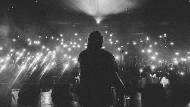 Rapper on stage, mic in hand, crowd lit at golden hour